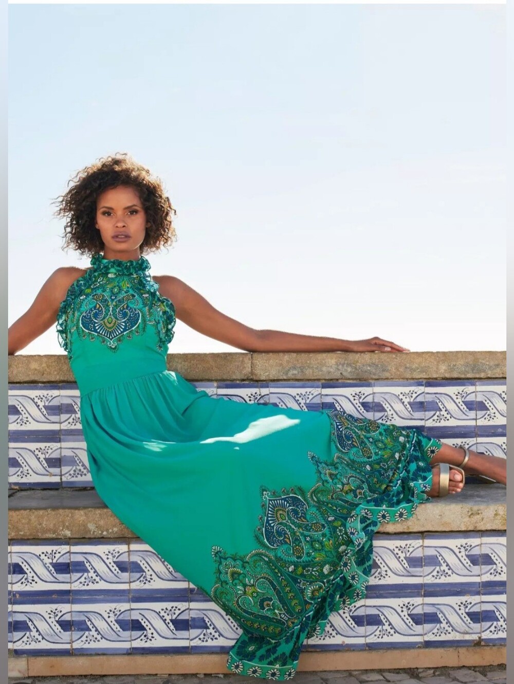 Boston Proper Blue Multi Paisley Print Ruffle High Neck Maxi Dress size 6 - Picture 1 of 11